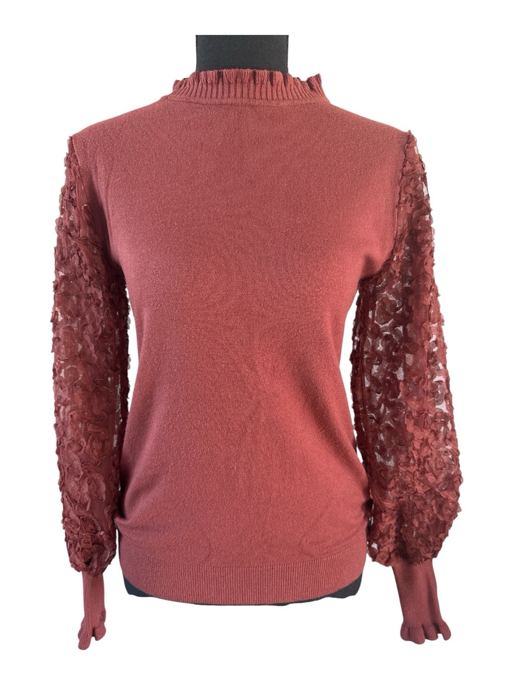 Siani Milano 3D Flowers Small Sheer Ruffle Sleeve Crewneck Sweater Rust